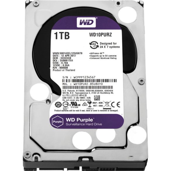 Western Digital Belső HDD 3.5" 1TB - WD10PURZ (5400rpm, 64 MB puffer, SATA3 - Purple (biztonságtechnikai rögzítőkbe is))