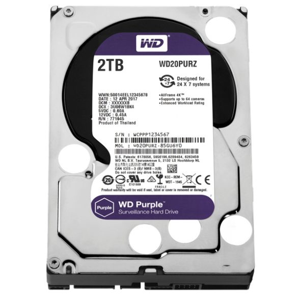 Western Digital Belső HDD 3.5" 2TB - WD20PURZ (5400rpm, 64 MB puffer, SATA3 - Purple (biztonságtechnikai rögzítőkbe is))