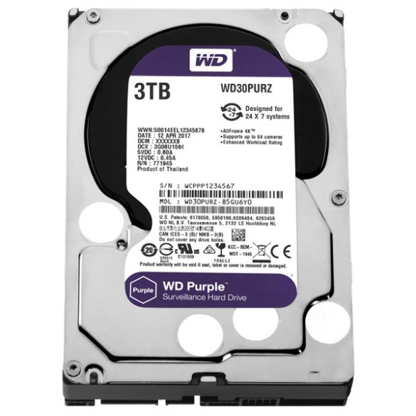 Western Digital Belső HDD 3.5" 3TB - WD30PURZ (5400rpm, 64 MB puffer, SATA3 - Purple (biztonságtechnikai rögzítőkbe is))