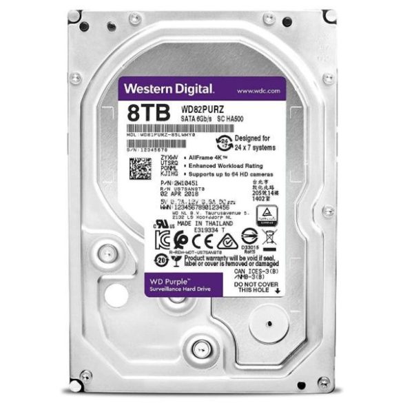 Western Digital Belső HDD 3.5" 8TB - WD82PURZ (7200rpm,256 MB puffer, SATA3 - Purple (biztonságtechnikai rögzítőkbe is))
