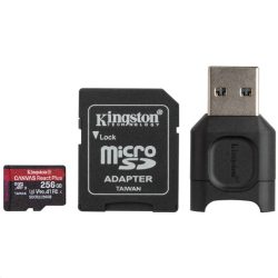   Kingston 256GB SD micro Canvas React Plus (SDXC Class 10 UHS-II U3) (MLPMR2/256GB) memória kártya adapter + olvasó