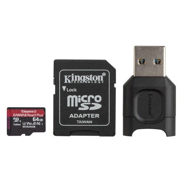 Kingston 64GB SD micro Canvas React Plus (SDXC Class 10  UHS-II U3) (MLPMR2/64GB) memória kártya adapter + olvasó