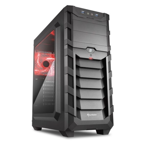 Sharkoon Számítógépház - SGC1 Window Red (fekete; alsó táp; ATX,mATX; mITX; 2xUSB3.0; I/O; 2x120mm ventillátor)