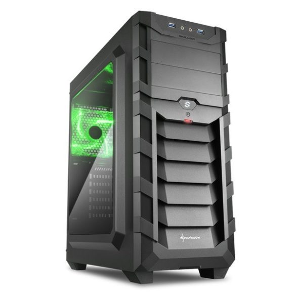 Sharkoon Számítógépház - SGC1 Window Green (fekete; alsó táp; ATX,mATX; mITX; 2xUSB3.0; I/O; 2x120mm ventillátor)