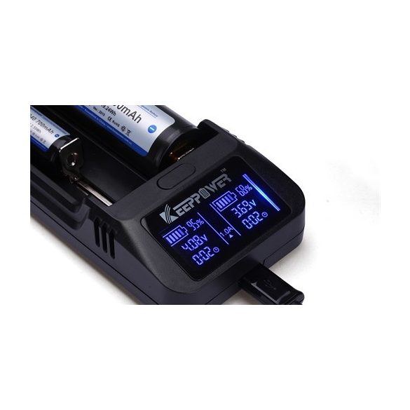 KeepPower LCD akku töltő Li-ion 14500/16340/CR123/18650/26650 cellákhoz Power bank funkcióval