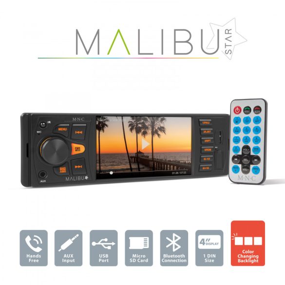 MNC Multimédiás fejegység "Malibu Star" - 1 DIN - 4 x 50 W - BT - MP3 - AUX - SD - USB (39751)