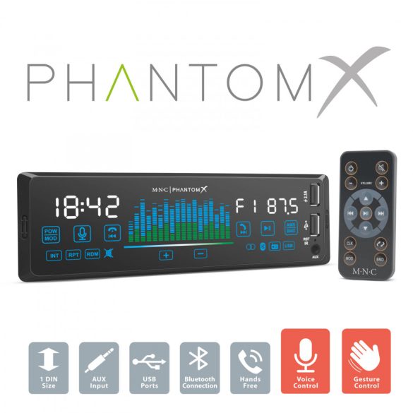 MNC Fejegység "PhantomX" - 1 DIN - 4 x 50 W - gesztusverzélés - BT - MP3 - AUX - USB (39752)