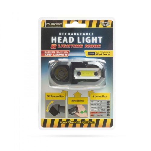 Phenom COB+XPE LED-es fejlámpa - mozgásérzékelővel - akkumulátorral (18616A)