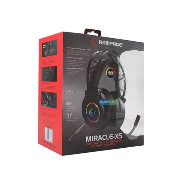 Rampage Fejhallgató - Miracle-X5 RGB (PS4/PC, 7.1, mikrofon, USB, hangerősz., nagy-párnás, 2.2m kábel, fekete)