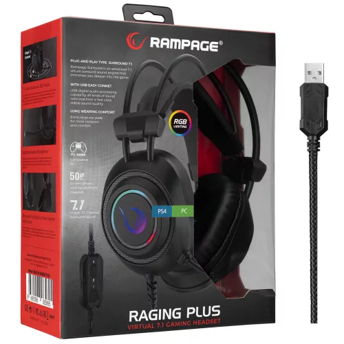 Rampage Fejhallgató - RM-K19 RAGING PLUS (7.1, mikrofon, USB, hangerőszabályzó, nagy-párnás, fekete, RGB LED)
