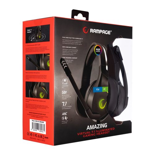 Rampage Fejhallgató - RM-K10 AMAZING RGB (7.1, mikrofon, USB, ANC, hangerőszabályzó, nagy-párnás, 2,2m kábel, fekete)