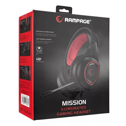 Rampage Fejhallgató - RM-K23 MISSION (mikrofon, USB, hangerőszabályzó, nagy-párnás, piros)