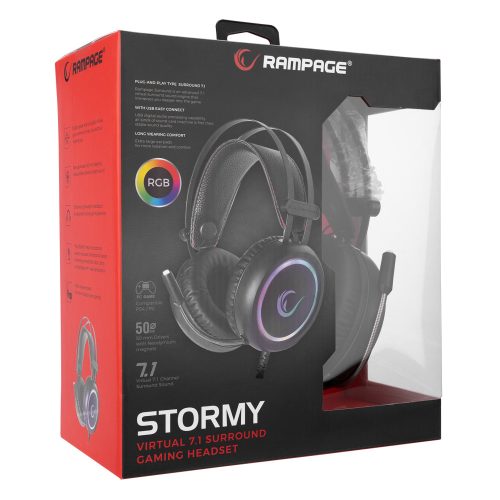 RAMPAGE 30505 rampage fejhallgató - stormy rgb (7.1, mikrofon, usb, hangerőszabályzó, nagy-párnás, 2m kábel, fekete)