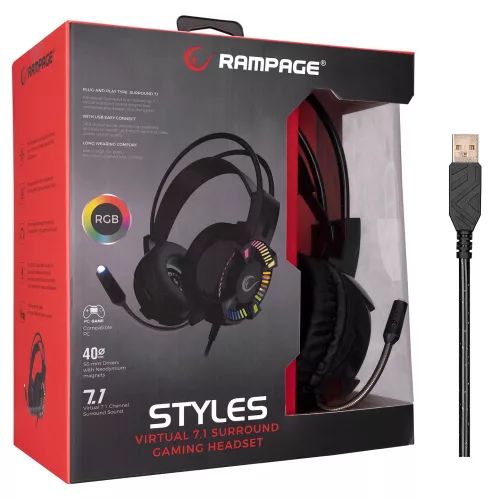 RAMPAGE 31115 rampage fejhallgató - styles rgb (7.1, mikrofon, usb, hangerőszabályzó, nagy-párnás, 2,2m kábel, fekete)