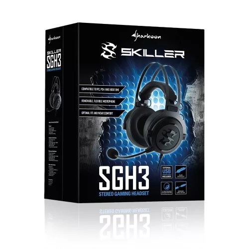 Sharkoon Fejhallgató - Skiller SGH3 (fekete; mikrofon; USB; nagy-párnás; 2.5m kábel; PS4 kompatibilis)