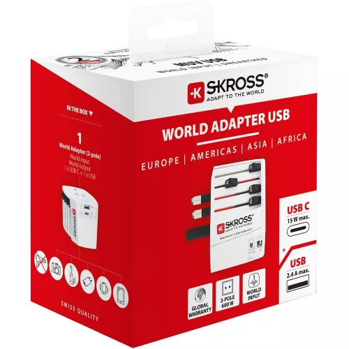 SKROSS MUV USB világutazó hálózati csatlakozó átalakító  és 2*USB töltő  (USB A és USB C bemenettel)