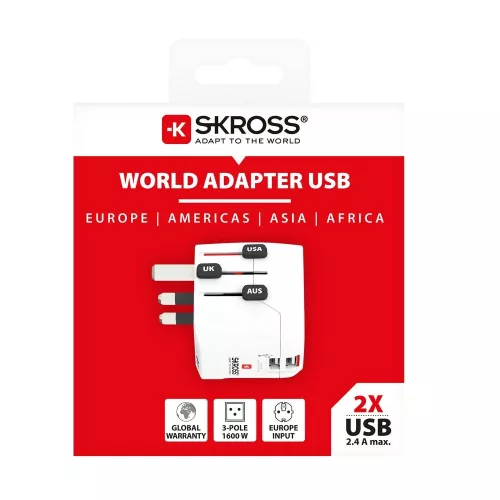 SKROSS PRO Light világutazó hálózati csatlakozó átalakító, földelt,  USB 2xA