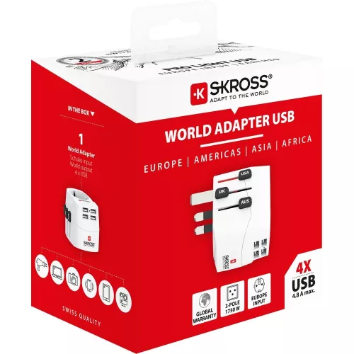 SKROSS PRO Light világutazó hálózati csatlakozó átalakító ,földelt, és USB töltő 4 A(standard) USB bemenettel