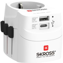   SKROSS PRO Light világutazó hálózati csatlakozó átalakító ,földelt, és USB töltő 1A USB és 1C USB bemenettel