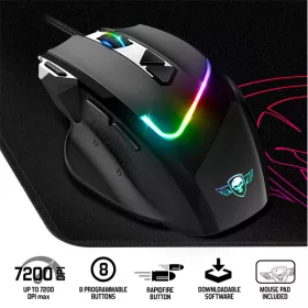   Spirit of Gamer Egér - PRO-M3 RGB (Optikai, 7200DPI, 8 gomb, súlyozható, harisnyázott kábel, fekete) + egérpad