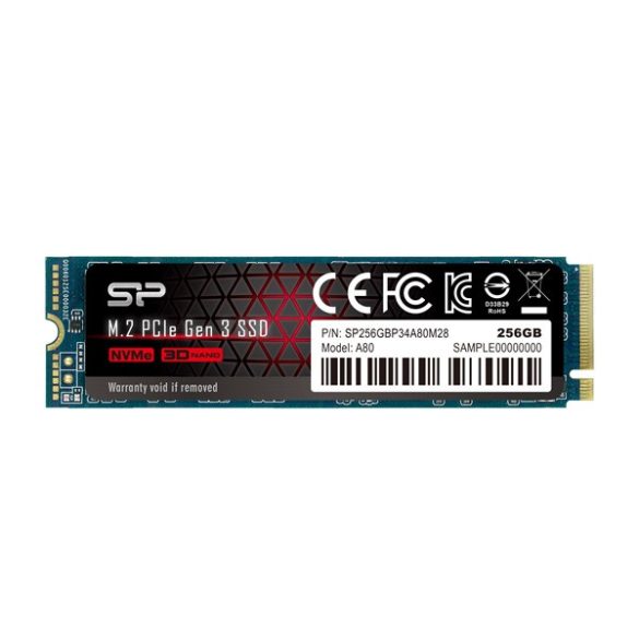 Silicon Power SSD - 256GB A80 (r:3400MB/s; w:3000 MB/s, NVMe 1.3 támogatás, M.2 PCIe Gen 3x4)