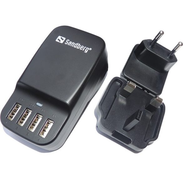 Sandberg Telefon töltő - 4in1 USB AC Charger 6.8A EU+UK (230V; 2x1A + 2x2,4A USB; fekete)