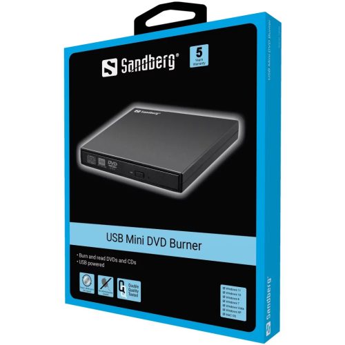 Sandberg ODD Külső - USB Mini DVD író (Retail; USB; USB tápellátás; Fekete)