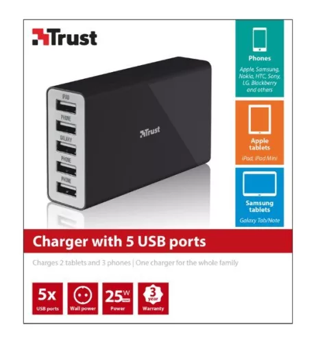 Trust 20014 Hálózati töltő 5 USB port-fekete