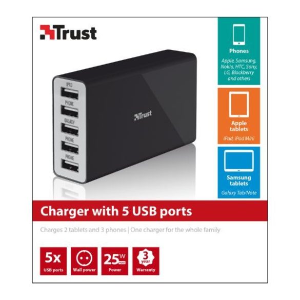 Trust 20014 Hálózati töltő 5 USB port-fekete