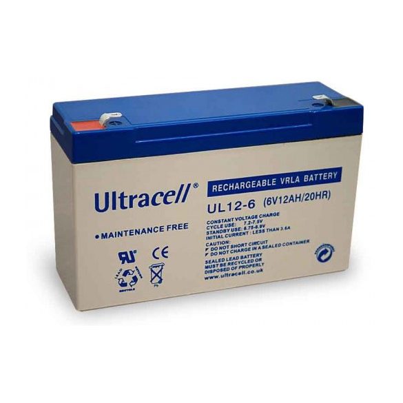 Ultracell UL12-6 6V 12Ah zselés ólom akkumulátor gondozásmentes